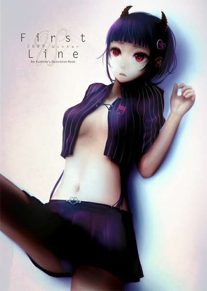 Anime picture 713x1000 with original kushima rei single tall image fringe short hair breasts open mouth light erotic red eyes looking away purple hair lying pleated skirt horn (horns) inscription no bra girl skirt navel