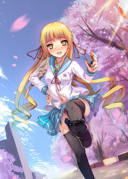 Anime picture 800x1120 with original musynexsk single long hair tall image blush open mouth blonde hair twintails yellow eyes sky cloud (clouds) legs cherry blossoms girl thighhighs skirt navel uniform black thighhighs