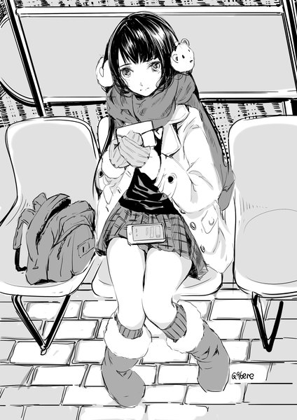Anime picture 1061x1500 with miracle nikki kuroere single long hair tall image looking at viewer fringe black hair sitting outdoors from above black eyes monochrome girl skirt gloves miniskirt scarf coat smartphone
