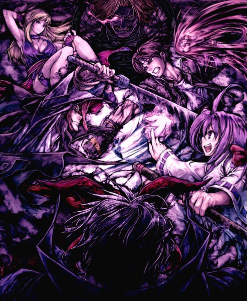 Anime picture 1025x1246 with the king of fighters fatal fury mark of the wolves last blade snk bonne jenet ichijou akari kusanagi kyo rugal bernstein minakata moriya grant sasa ichi tall image breasts light erotic smile sitting purple eyes purple hair ahoge