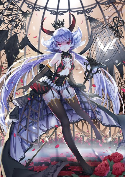 Anime picture 1061x1500 with original greetload single long hair tall image breasts light erotic red eyes blue hair horn (horns) girl thighhighs dress flower (flowers) black thighhighs petals wings rose (roses)