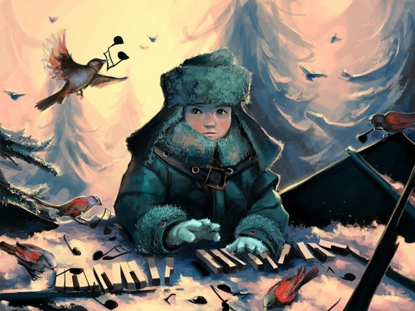 Anime picture 1032x774 with original aquasixio (artist) single looking at viewer blush looking away black eyes winter snow boy gloves plant (plants) animal tree (trees) jacket bird (birds) cap musical note keys