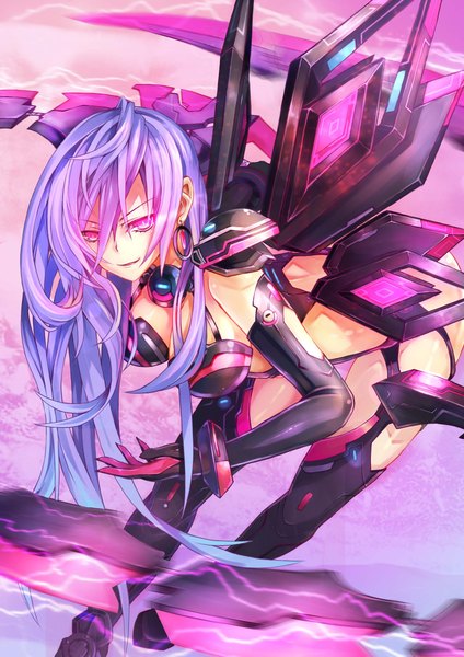 Anime picture 1654x2339 with choujigen game neptune iris heart pururut sxbzero single long hair tall image looking at viewer fringe breasts light erotic simple background smile hair between eyes large breasts payot cleavage purple hair pink eyes multicolored hair