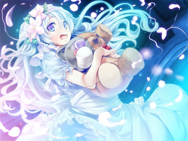 Anime picture 1024x768 with grimoire no shisho canaria marushin (denwa0214) single long hair blush open mouth blue eyes game cg white hair hair flower girl dress hair ornament toy stuffed animal