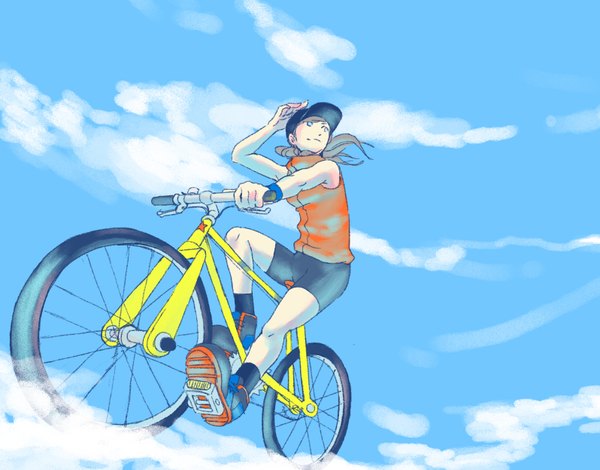 Anime picture 1596x1252 with kudan (pixiv) long hair blue eyes blonde hair bare shoulders sky riding girl hat shorts ground vehicle bicycle