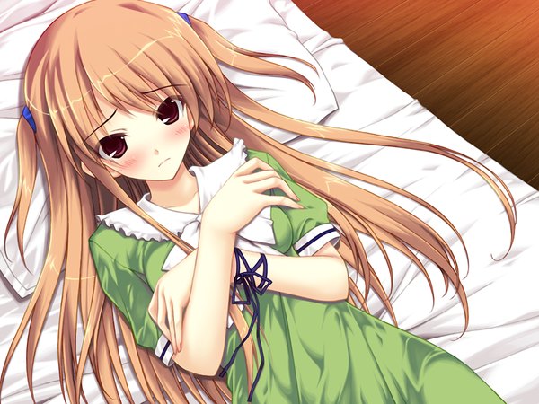 Anime picture 1024x768 with elle prier (game) kadoma konomi long hair blush red eyes brown hair game cg girl dress bed