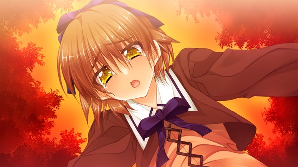 Anime picture 1024x576 with mirai wa kimi ni koishiteru short hair brown hair wide image yellow eyes game cg tears girl uniform ribbon (ribbons) hair ribbon school uniform