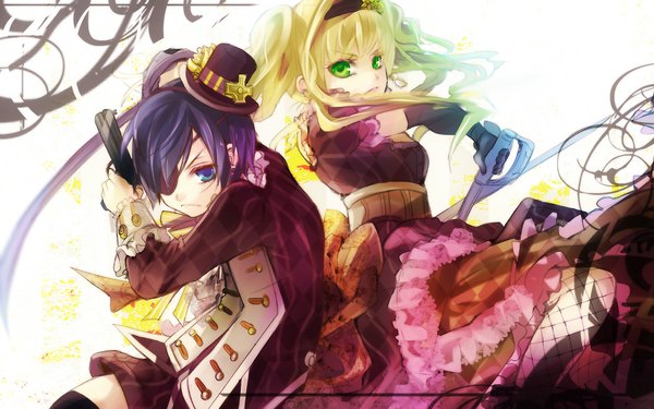 Anime picture 1000x625 with kuroshitsuji a-1 pictures ciel phantomhive elizabeth middleford long hair looking at viewer short hair blue eyes blonde hair wide image standing twintails holding green eyes purple hair traditional clothes couple serious dual wielding back to back
