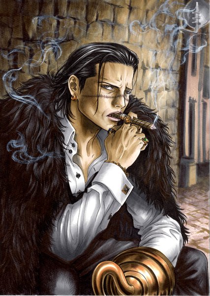 Anime picture 2945x4140 with one piece toei animation sir crocodile marlboro (artist) single tall image looking at viewer highres short hair black hair grey eyes scar smoke partially open clothes smoking boy earrings shirt fur ring