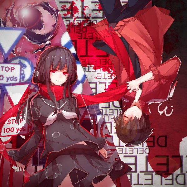 Anime picture 1200x1200 with kagerou project shaft (studio) tateyama ayano kisaragi shintarou kisaragi shintaro rain lan looking at viewer fringe black hair smile red eyes eyes closed hair over one eye upside down rotational symmetry girl boy uniform serafuku scarf