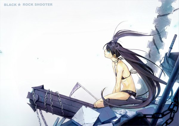 Anime picture 3507x2480 with black rock shooter black rock shooter (character) kawai makoto single highres blue eyes black hair sitting twintails absurdres very long hair inscription tears scar crying girl weapon sword shorts katana