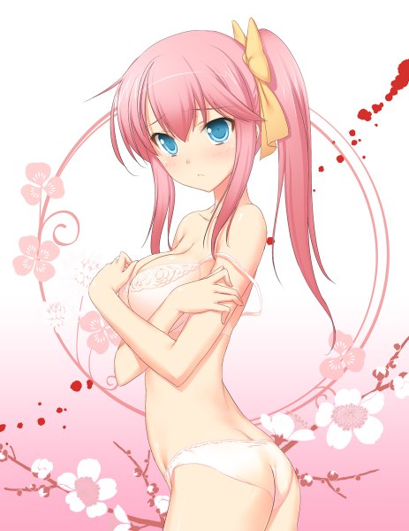 Anime picture 926x1200 with original 47agdragon single long hair tall image looking at viewer blush blue eyes light erotic pink hair ponytail underwear only girl underwear panties flower (flowers) bow hair bow