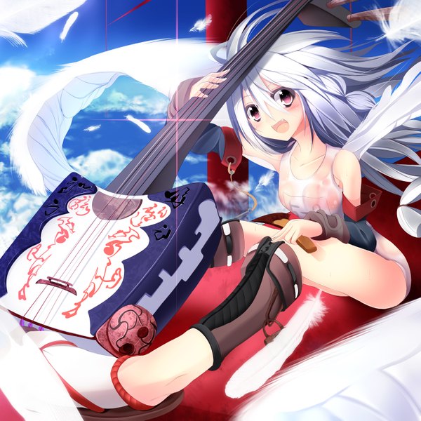 Anime picture 1417x1417 with original sukage single long hair blush open mouth light erotic red eyes silver hair teeth fang (fangs) girl wings feather (feathers) guitar white school swimsuit