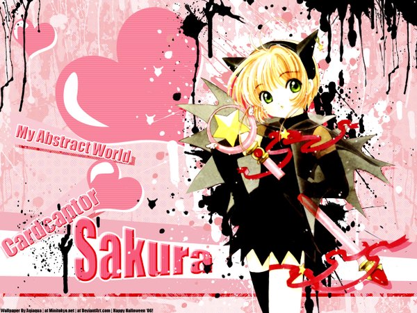 Anime picture 1280x960 with card captor sakura clamp kinomoto sakura aqiaqua single short hair blonde hair green eyes signed animal ears copyright name character names fake animal ears third-party edit arm behind back girl thighhighs dress gloves ribbon (ribbons)