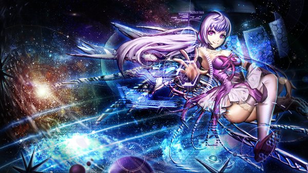 Anime picture 1280x720 with original sangrde single long hair looking at viewer fringe light erotic smile wide image purple eyes purple hair bent knee (knees) ponytail outstretched arm lacing space constellation girl thighhighs dress