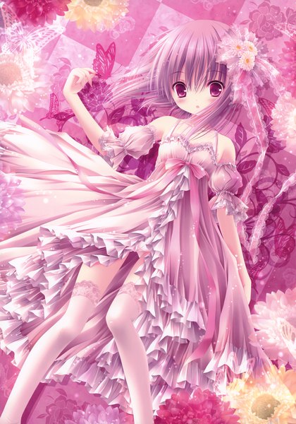 Anime picture 2463x3515 with ro-kyu-bu! project no.9 minato tomoka tinker bell single tall image blush highres short hair purple eyes absurdres purple hair hair flower scan loli girl thighhighs dress flower (flowers) white thighhighs
