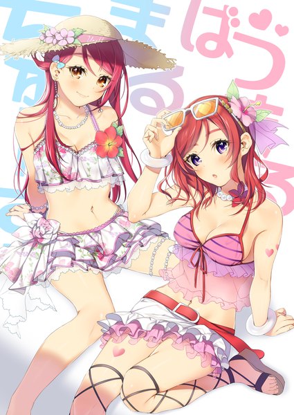 Anime picture 1253x1770 with love live! school idol project love live! sunshine!! sunrise (studio) love live! nishikino maki sakurauchi riko yana mori long hair tall image looking at viewer fringe short hair breasts light erotic large breasts sitting purple eyes multiple girls brown eyes cleavage