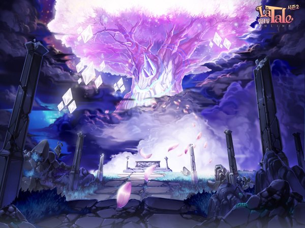 Anime picture 1280x960 with original zonmin sky cloud (clouds) night night sky no people glow plant (plants) petals tree (trees) grass crystal stone (stones) pillar column coffin
