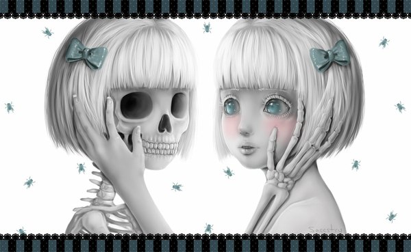 Anime picture 1139x702 with original saccstry blush short hair open mouth blue eyes wide image bare shoulders white hair monochrome skeleton bone (bones) girl bow hair bow insect skull