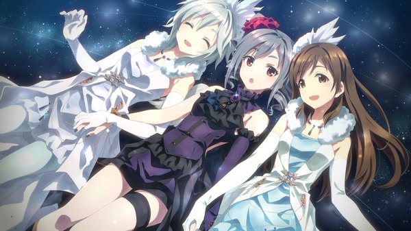 Anime picture 3840x2160 with idolmaster idolmaster cinderella girls kanzaki ranko anastasia (idolmaster) nitta minami yuuki tatsuya long hair blush highres short hair open mouth smile brown hair wide image multiple girls brown eyes absurdres silver hair grey hair drill hair