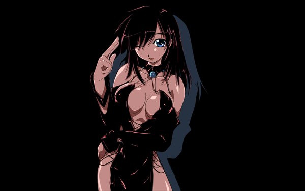 Anime picture 1920x1200 with amei sumeru single looking at viewer highres short hair breasts blue eyes light erotic simple background brown hair wide image bare shoulders cleavage one eye closed wink wallpaper black background girl dress black dress