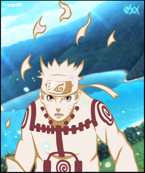 Anime picture 1072x1281 with naruto studio pierrot naruto (series) uzumaki naruto animan95 single tall image short hair blonde hair red eyes sky cloud (clouds) sunlight coloring magic facial mark whisker markings jinchuriki lake boy