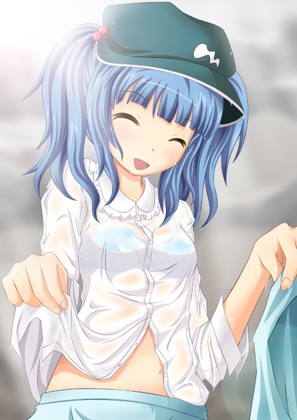 Anime picture 1024x1450 with touhou kawashiro nitori neats (artist) single long hair tall image blush open mouth blue hair eyes closed midriff wet clothes transparent girl shirt flat cap