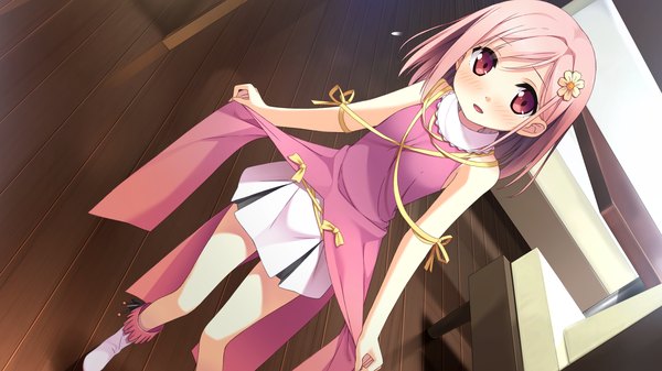 Anime picture 1920x1080 with your diary yua (your diary) kantoku single looking at viewer blush highres short hair red eyes wide image pink hair game cg girl dress