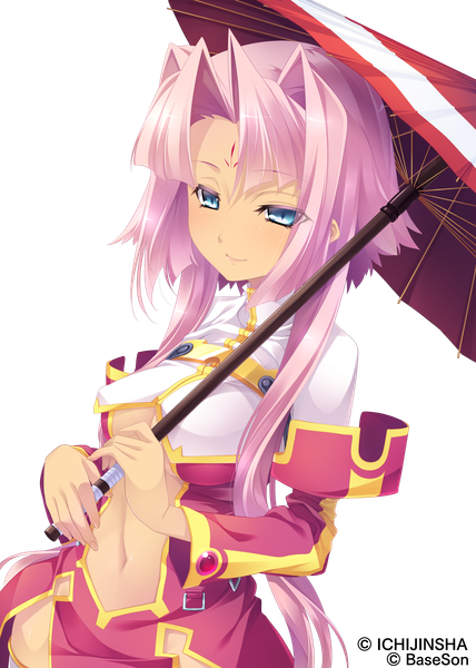 Anime picture 2976x4175 with koihime musou doga kobo sonken hikage eiji single long hair tall image looking at viewer highres blue eyes light erotic pink hair light smile scan official art transparent background girl dress navel umbrella