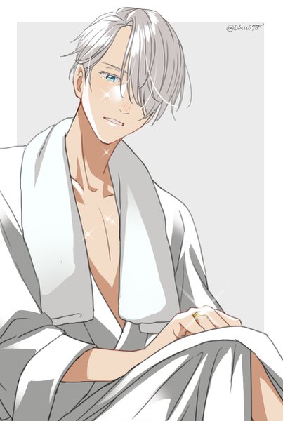 Anime picture 807x1200 with yuri!!! on ice mappa viktor nikiforov natsuko (bluecandy) single tall image fringe short hair simple background sitting silver hair traditional clothes japanese clothes aqua eyes hair over one eye grey background sparkle tears looking down towel around neck