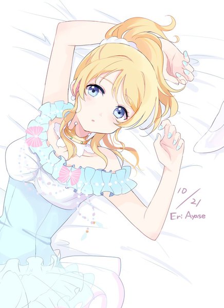 Anime picture 744x1024 with love live! school idol project sunrise (studio) love live! ayase eli mei (maysroom) single long hair tall image looking at viewer blue eyes blonde hair ponytail nail polish :o character names dated blue nail polish girl dress earrings