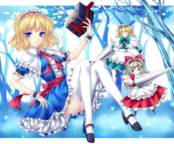 Anime picture 1200x994 with touhou alice margatroid fred0092 looking at viewer short hair blue eyes blonde hair multiple girls girl thighhighs dress bow plant (plants) white thighhighs tree (trees) frills hairband book (books) 3 girls doll (dolls)