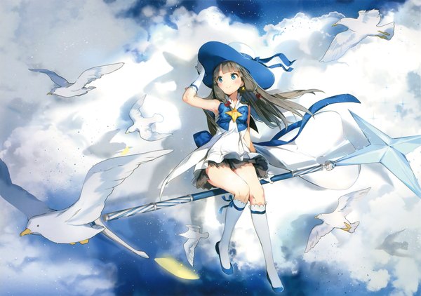 Anime picture 3563x2507 with houkago no pleiades itsuki (houkago no pleiades) anmi single long hair blush fringe highres black hair smile sitting twintails looking away absurdres sky cloud (clouds) full body bent knee (knees) blunt bangs wind