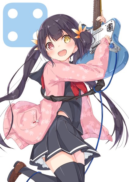 Anime picture 601x850 with original mirai (macharge) single long hair tall image looking at viewer open mouth black hair simple background red eyes white background twintails holding yellow eyes pleated skirt zettai ryouiki heterochromia happy leg lift (legs lift) upskirt