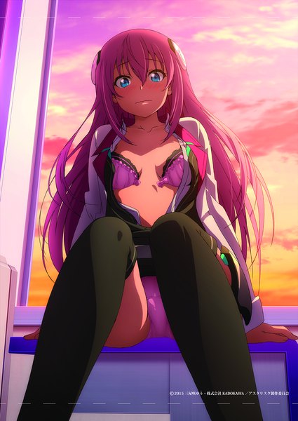 Anime picture 1460x2063 with gakusen toshi asterisk julis-alexia van riessfeld nakano ruizu single long hair tall image looking at viewer blush fringe breasts blue eyes light erotic hair between eyes sitting pink hair cloud (clouds) arm support open shirt embarrassed copyright name