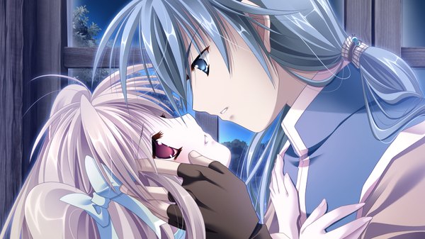Anime picture 1024x576 with hanasaku otome to koi no grimoire long hair blue eyes blonde hair red eyes wide image game cg grey hair loli couple girl boy bow hair bow