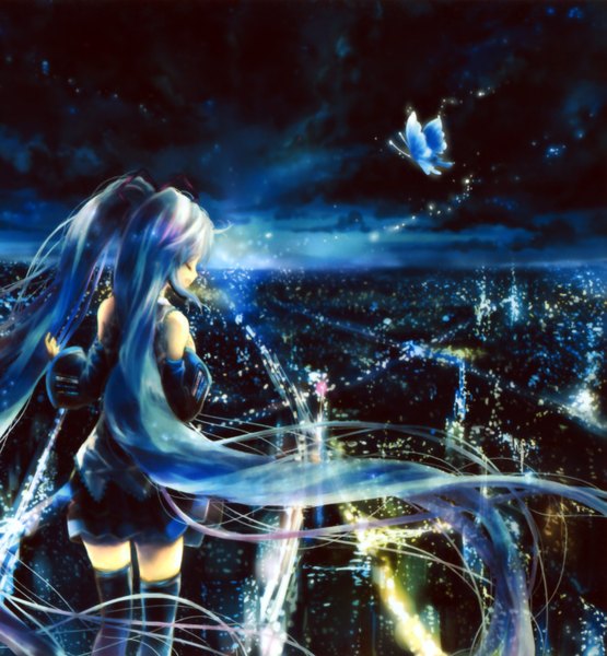 Anime picture 2709x2928 with vocaloid hatsune miku onineko single long hair tall image highres bare shoulders blue hair cloud (clouds) eyes closed very long hair night sky city cityscape girl thighhighs skirt detached sleeves insect