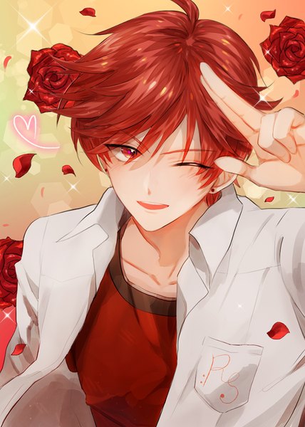 Anime picture 750x1050 with gekkan shoujo nozaki-kun doga kobo mikoshiba mikoto ahma single tall image looking at viewer short hair simple background smile red eyes ahoge red hair parted lips one eye closed from above wink sparkle salute boy