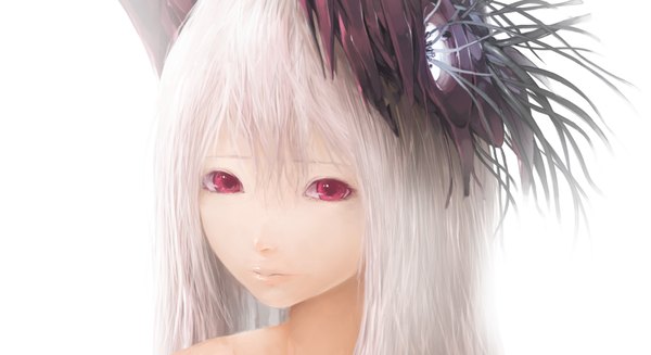 Anime picture 1728x942 with original solru (tyappygain) single long hair looking at viewer highres simple background red eyes wide image white background white hair face girl