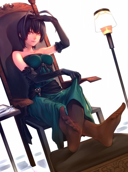 Anime picture 1114x1501 with original ant of spirit single tall image short hair black hair red eyes sitting ahoge legs girl dress gloves pantyhose elbow gloves chair