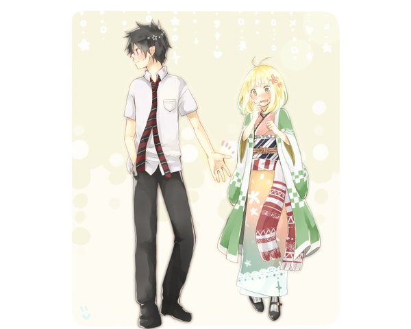 Anime picture 1600x1280 with ao no exorcist a-1 pictures okumura rin moriyama shiemi blush short hair open mouth blue eyes black hair simple background blonde hair green eyes japanese clothes pointy ears girl boy necktie belt kimono