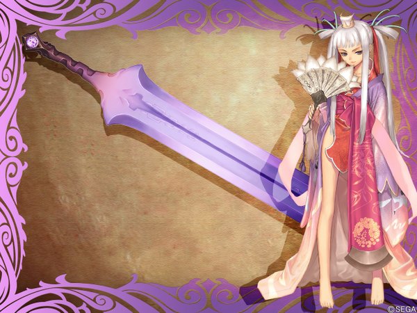 Anime picture 1280x960 with shining (series) shining tears houmei tony taka single long hair fringe purple eyes silver hair barefoot light smile shadow framed brown background girl weapon sword fan