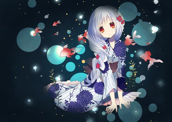 Anime picture 1000x708 with original rugo single long hair looking at viewer red eyes sitting blue hair traditional clothes japanese clothes hair flower glowing girl hair ornament flower (flowers) plant (plants) kimono fish (fishes) ball