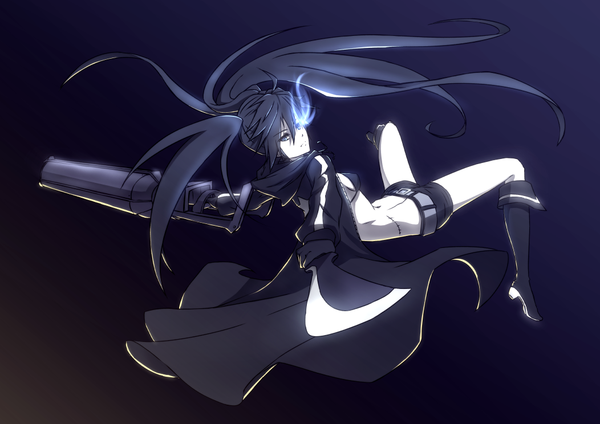 Anime picture 1052x744 with black rock shooter black rock shooter (character) hananon long hair looking at viewer fringe breasts blue eyes black hair simple background glowing glowing eye (eyes) girl shoes shorts belt short shorts clothes stitches