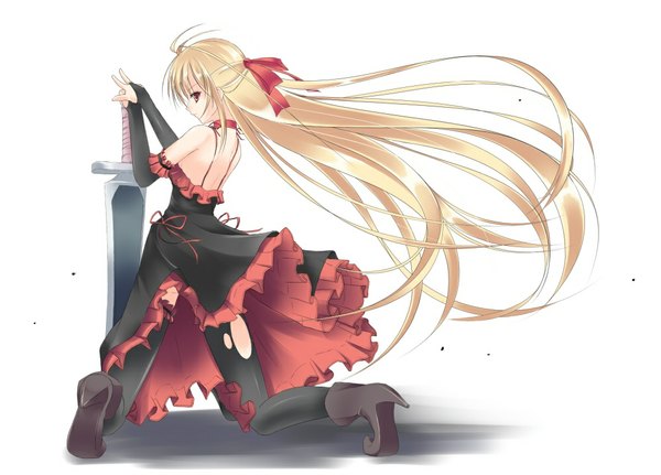 Anime picture 1000x719 with original doa (wabisabi) single long hair blonde hair red eyes profile looking back kneeling half updo girl thighhighs dress weapon black thighhighs sword
