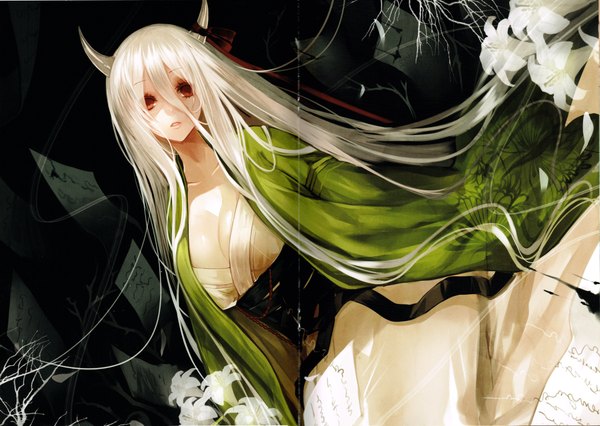 Anime picture 8519x6053 with touhou kamishirasawa keine ex-keine ut (apt) single highres red eyes looking away absurdres cleavage white hair very long hair traditional clothes japanese clothes horn (horns) scan alternate costume girl flower (flowers) ribbon (ribbons)