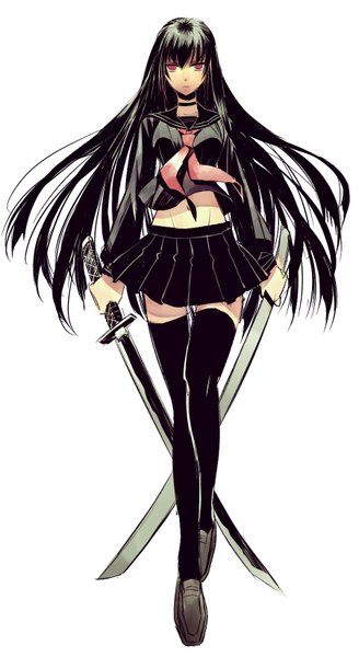 Anime picture 900x1646 with shijuu hachi single long hair tall image looking at viewer fringe black hair simple background red eyes standing white background holding pleated skirt standing on one leg girl thighhighs skirt navel uniform weapon