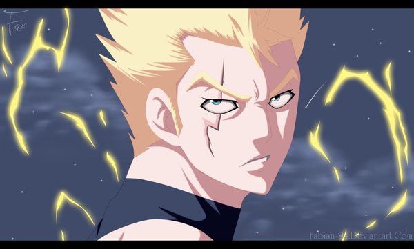 Anime picture 1859x1119 with fairy tail laxus dreyar fabiansm single highres short hair blue eyes blonde hair wide image cloud (clouds) night sky coloring magic portrait letterboxed scar shooting star boy star (stars)
