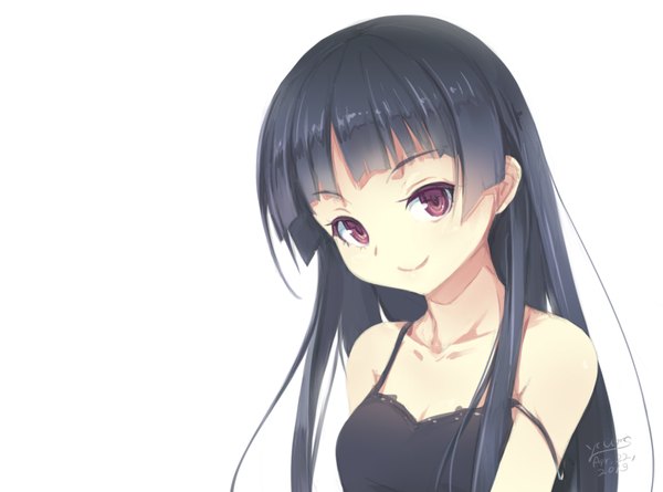 Anime picture 1609x1194 with original ycums (artist) single long hair looking at viewer black hair smile red eyes white background bare shoulders girl