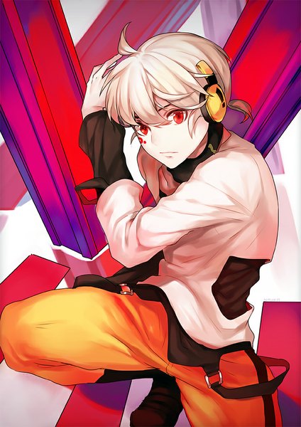 Anime picture 707x1000 with kagerou project shaft (studio) konoha (kagerou project) naguri single tall image short hair red eyes ahoge white hair ponytail squat boy headphones suspenders